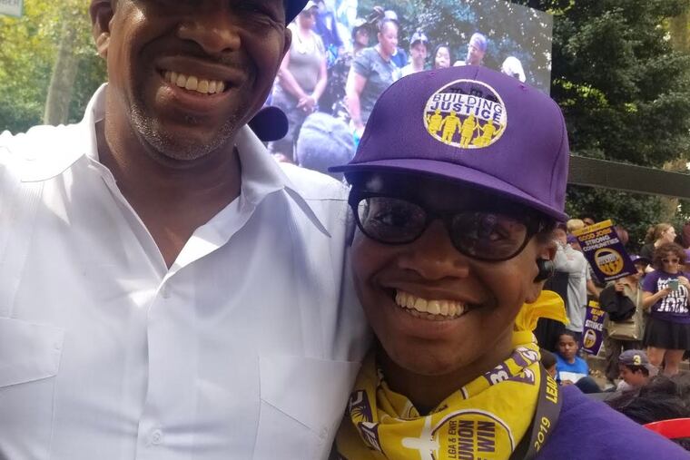 Eve Carlton (right) with 32BJ SEIU president Kyle Bragg at Rittenhouse Square for a Cleaner Campaign Rally on Sept. 26, 2019.