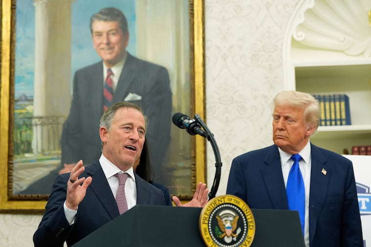 Washington Commanders owner Josh Harris speaks as President Donald Trump listens during an event to announce that the 2027 NFL draft will be held on the National Mall, in the Oval Office of the White House, Monday, May 5, 2025, in Washington. (AP Photo/Alex Brandon)