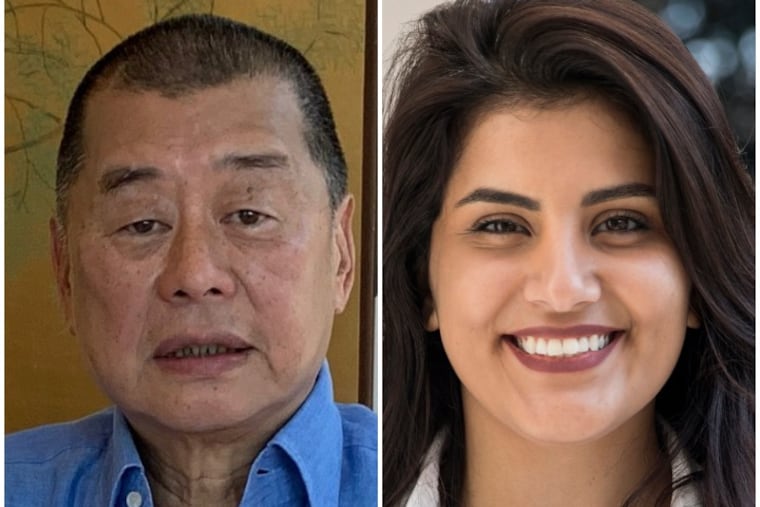 Jimmy Lai, left, former owner of Apple Daily, is pictured at his home in Hong Kong in December 2019. Loujain al-Hathloul, right, a prominent Saudi women’s rights activist, poses in Amsterdam in 2017.