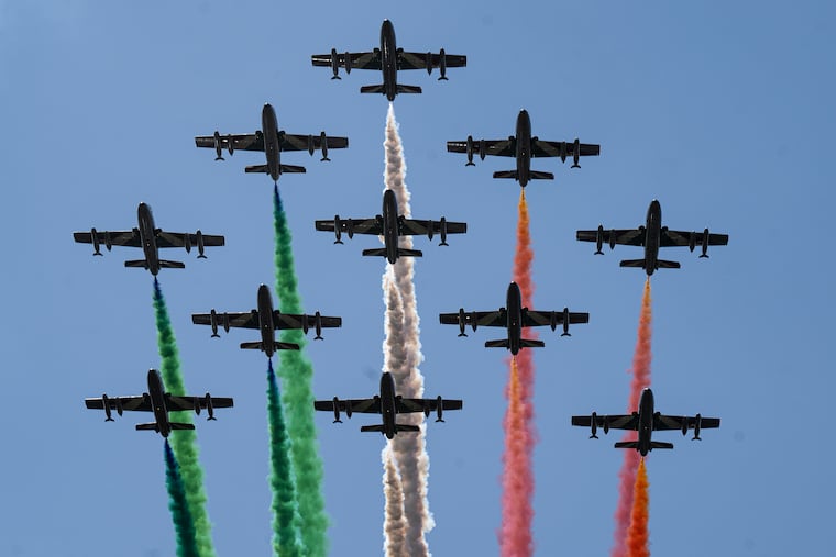 The Italian air force Frecce Tricolori performs a flyover at the Philadelphia Museum of Art on Aug 12.