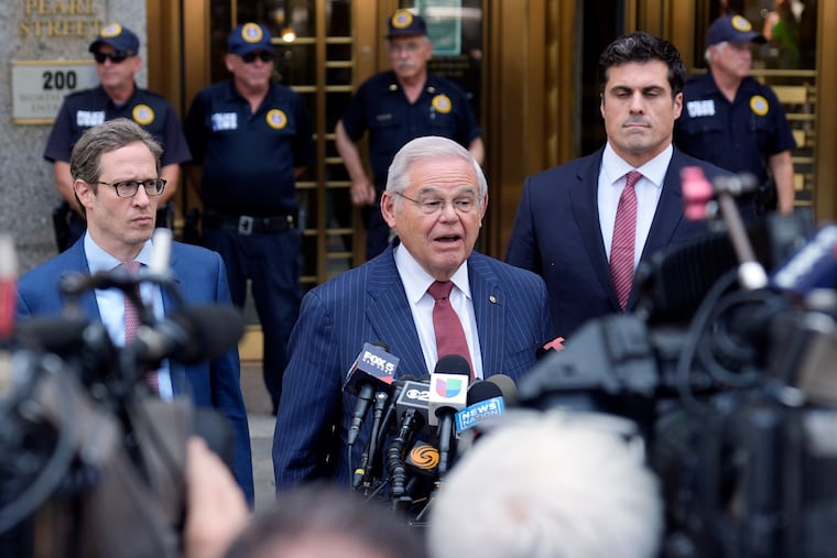 Sen. Bob Menendez, D-N.J., leaves federal court in New York on Tuesday. He was found guilty in a sweeping bribery case.
