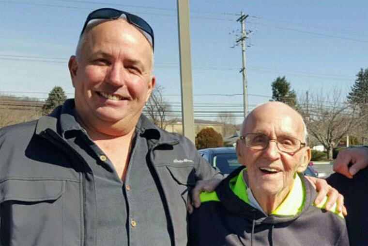 Above, the day Rick DeBenedetto met his father, Gilly, in Philadelphia after 57 years. Below, Gilly as a young man, left, and Rick. "It's just spooky, the resemblances ... ," said the son. "I always wondered where I'd gotten these lips."
