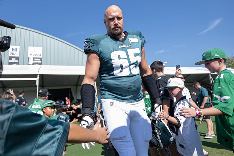 Eagles tackle Lane Johnson enters the field on Friday.