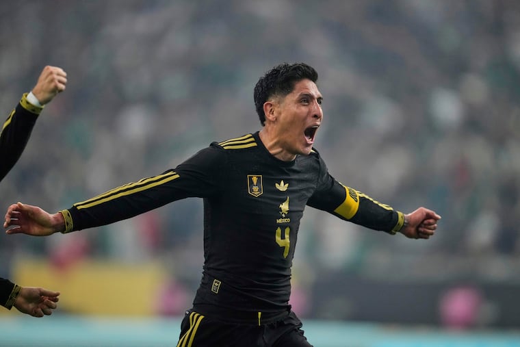 Mexico midfielder Edson Álvarez (4) celebrates after scoring against the United States in the second half of the CONCACAF Gold Cup final soccer match in Houston, Sunday, July 6, 2025. (AP Photo/Ashley Landis)