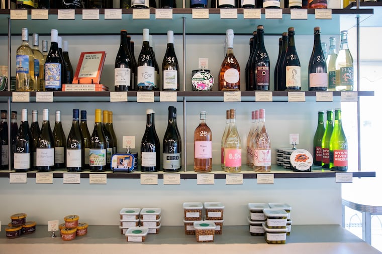 Wines fill the wall in the shop at Supérette on Thursday, May 15, 2025 in Philadelphia.