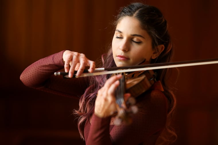 Maya Anjali Buchanan posed for a portrait in the Gould Rehearsal Hall at Lenfest Hall at the Curtis Institute of Music in Philadelphia, Pa. on Tuesday, March 2, 2021. Anjali Buchanan's education in orchestral studies has been interrupted by the pandemic.