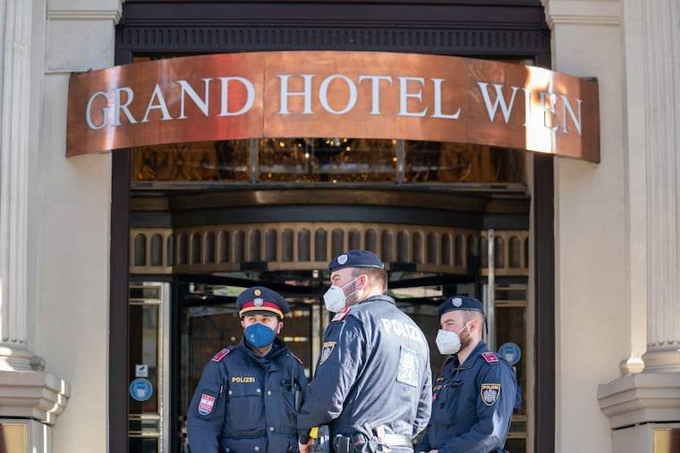 Police officers stood in front of the Grand Hotel Wien in Vienna, where closed-door nuclear talks with Iran took place.
