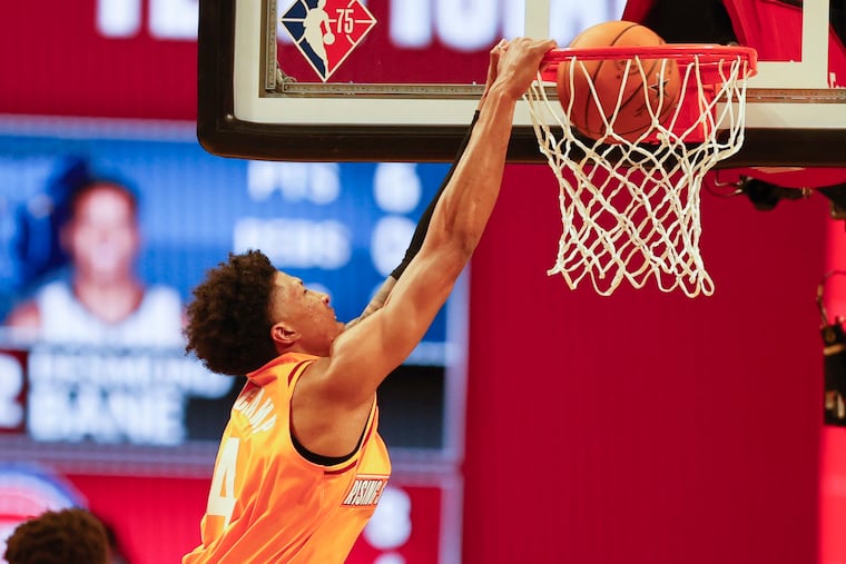 Team Worthy's MarJon Beauchamp, of the G League Ignite, dunks against Team Isiah during a semifinal of the NBA Rising Stars event on Feb. 18 in Cleveland.