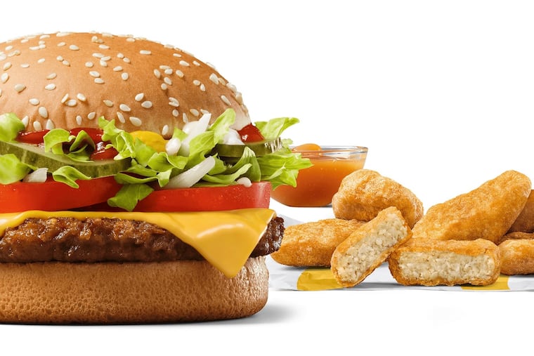 This image released by McDonald’s shows the McPlant plant-based burger and and the new plant-based McPlant Nuggets.