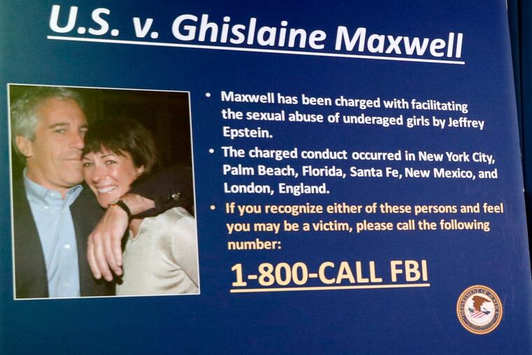 A board outlining the case against Ghislaine Maxwell is seen during a news conference on July 2, 2020, as charges were announced against Maxwell for her alleged role in the sexual exploitation and abuse of multiple minor girls by Jeffrey Epstein.