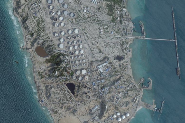 A satellite image shows an oil terminal at Kharg Island, in the Persian Gulf off the coast of mainland Iran, on Feb. 25, 2026. The U.S.-Iran deal grants Tehran waivers to begin exporting its oil even before the negotiation of a final agreement on its nuclear program.