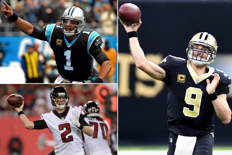 The three possible quarterbacks the Eagles will face in the divisional round.: clockwise from top left, Carolina’s Cam Newton, New Orleans’ Drew Brees, and Atlanta’s Matt Ryan.