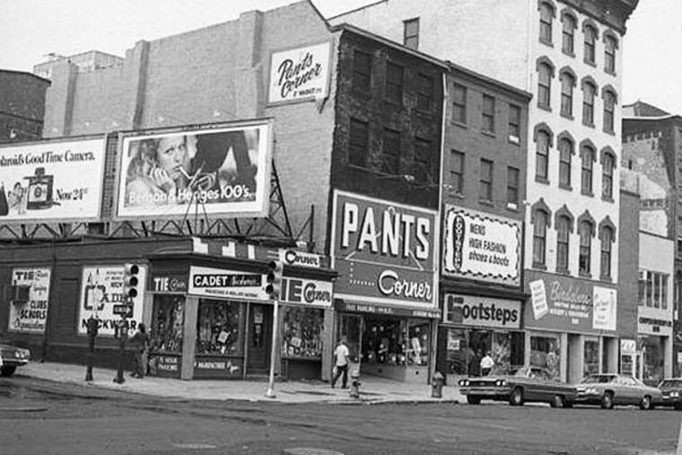 1972: View of Third and Market streets. Within a month, two Old City haberdasheries connected by blood, architectural motif, and outlandish retail style had been destroyed in spectacular fashion. (Photo courtesy of PhillyHistory.org)
