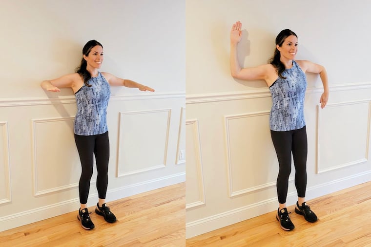 Ashley demonstrates a goal post stretch.