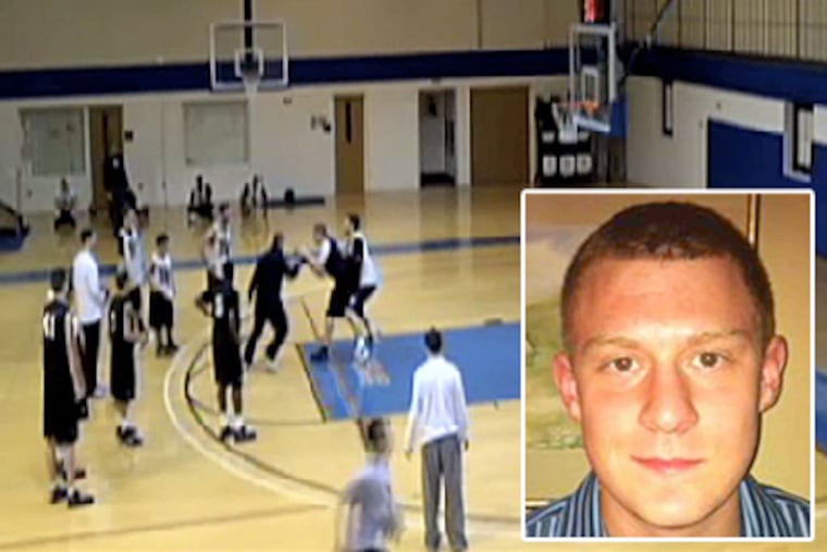 A frame taken from video provided to the Daily News which shows Holy Family basketball coach John O'Connor shoving sophomore Matt Kravchuk (inset).