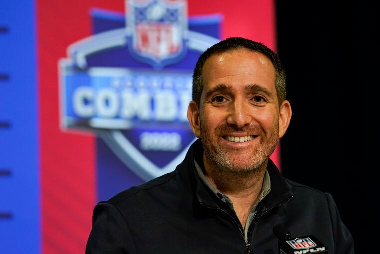 Philadelphia Eagles general manager Howie Roseman speaks during a press conference at the NFL football scouting combine in Indianapolis, Wednesday, March 2, 2022. (AP Photo/Michael Conroy)