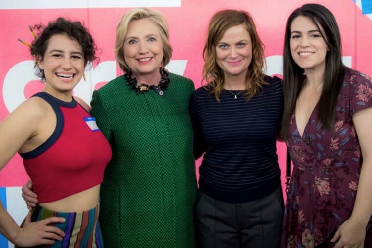 Hillary Clinton posted on Twitter a photo of her from the set of Comedy Centralís "Broad City," with (from left) co-star Ilana Glazer, executive producer Amy Poehler, and co-star Abbi Jacobson.