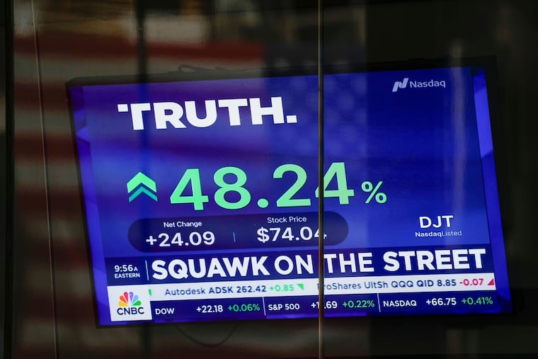 The stock price for Truth Social is shown at New York's Nasdaq building in 2024. Advanced knowledge of the president's Truth Social posts will enable insiders who buy early access to profit, writes the Editorial Board.