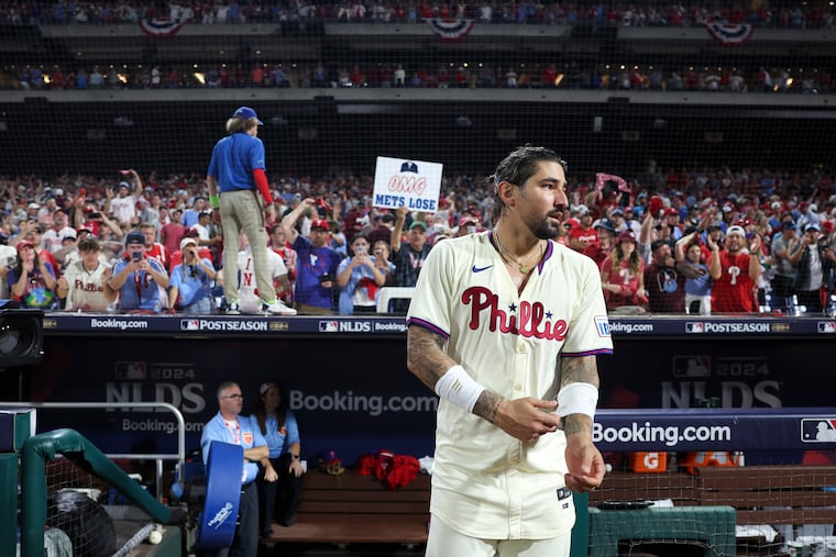 Philadelphia Phillies right fielder Nick Castellanos celebrates after Game 2 of the NLDS at Citizens Bank Park in Philadelphia on Sunday, Oct. 6, 2024. The Philadelphia Phillies won after a walk-off single by Nick Castellanos.
