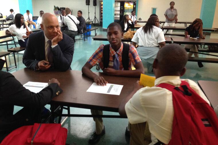File: Superintendent William Hite chats with freshmen during the first day of school, Sept. 8, 2014, at The LINC, a new high school in North Philadelphia. (Kristen Graham / Staff)