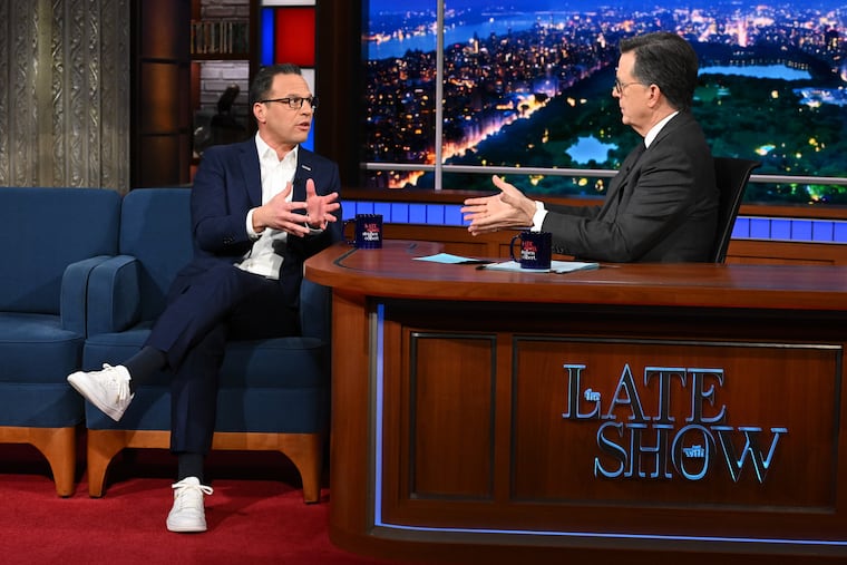 Gov. Josh Shapiro speaks with Stephen Colbert on Monday.