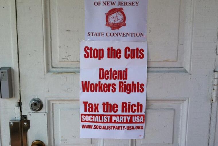 A poster listing core issues welcomed attendees to the Socialist Party of New Jersey's convention Sunday in New Brunswick . Photo by Kevin Riordan