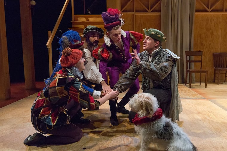 From left: Bailey Roper, Jahzeer Terrell, Maboud Ebrahimzadeh, Pax Ressler, Anthony Lawton, and Bobby Sheffield as Spot the dog in People's Light's "Shakespeare in Love," which has had its theatrical run cut short.