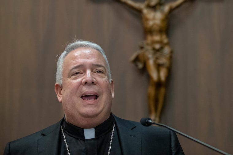 Philadelphia Archbishop-elect Nelson J. Pérez addresses those assembled at the Archdiocese's offices after his introduction by Archbishop Charles J. Chaput, as the 14th Bishop and 10th Archbishop of Philadelphia, on January 23, 2020. .