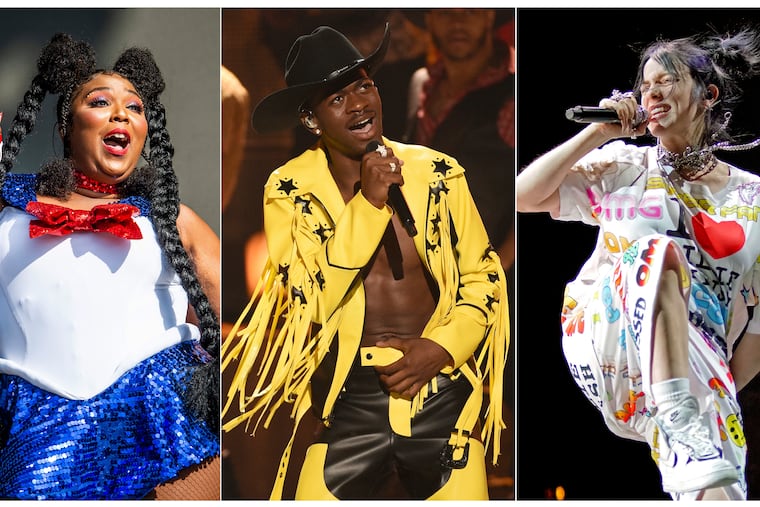 This combination of photos shows, from left, Lizzo performing at the Voodoo Music Experience in New Orleans on Oct. 27, 2018, Lil Nas X performing "Old Town Road" at the BET Awards in Los Angeles on June 23, 2019 and Billie Eilish performing during the "When We All Fall Asleep" tour in Chicago on June 9, 2019. Lizzo, Eilish and Lil Nas X lead in nominations at the 2020 Grammy Awards.