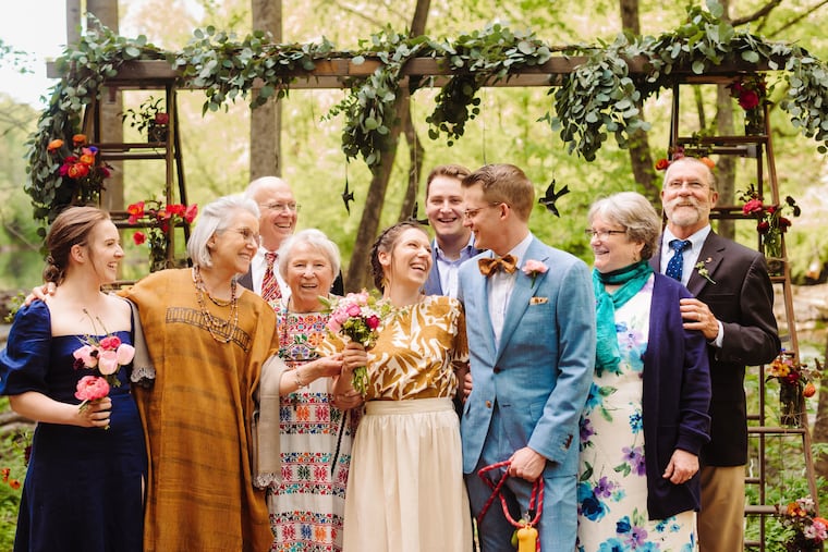 Daniel and Nicole with their families before their wedding ceremony at Wissahickon Valley Park. From left to right: Avery Allman (Nicole’s sister), Terry Allman (Nicole’s mother), Tyler Allman (Nicole’s father), Joan Bannister (Nicole’s maternal grandmother), Nicole Allman, Erick Kilburn (Daniel’s brother), Daniel Kilburn, Diana Boice (Daniel’s mother), and Larry Kilburn (Daniel’s father).