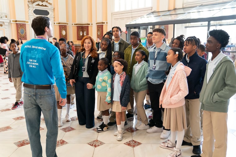 A greeter (Heath Khan) welcomes "Abbott Elementary" students and teachers to the Please Touch Museum in the season four finale that aired April 16 on ABC.