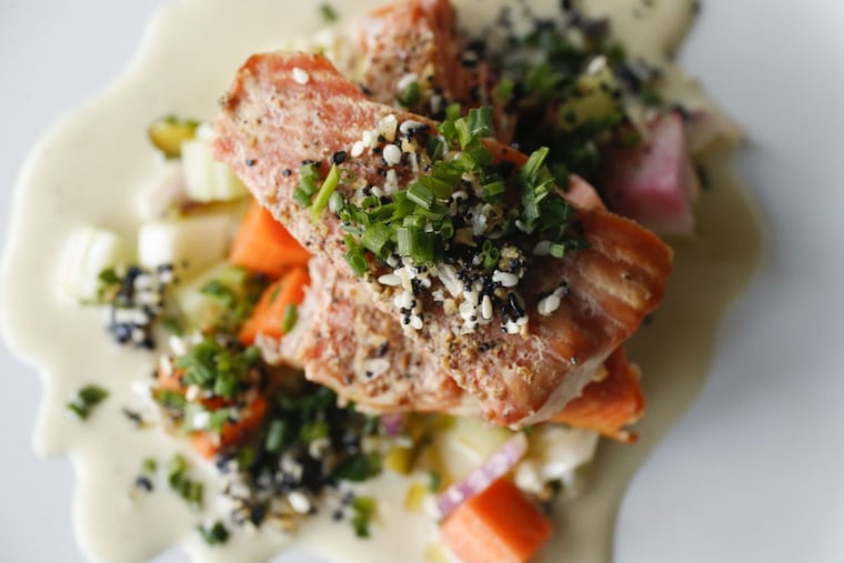 The Hot Smoked Salmon, with giardiniera, seeds with a poached egg vinaigrette at Two Fish in Haddonfield.