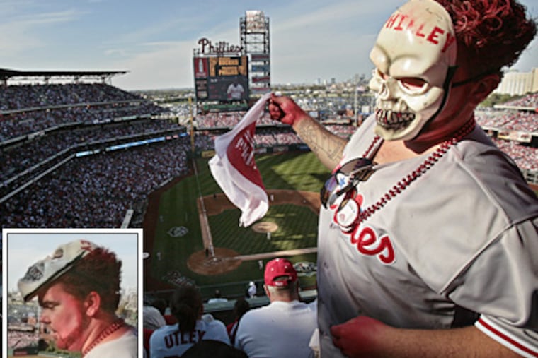 Matt Mervine of Berlin, who wore a skull mask and called himself the Rockie Killer during Game 2 of the NLDS series, is accused of stealing three World Series Rings at Citizens Bank Park. (Elizabeth Robertson / Staff Photographer )