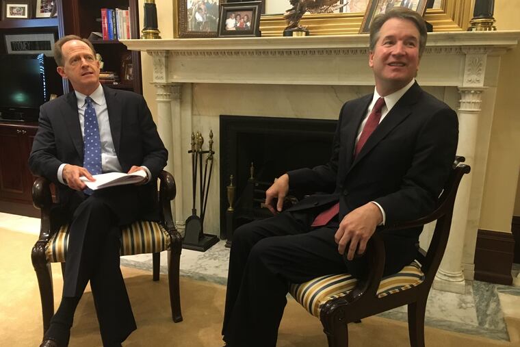 Sen. Pat Toomey (R., Pa.) meets with Supreme Court nominee Brett Kavanaugh on July 26. Toomey is the first senator from the Philadelphia region to meet with Kavanaugh. President Trump nominated Kavanaugh, a judge on the federal circuit court based in Washington, D.C., to replace Justice Anthony Kennedy, who is retiring.