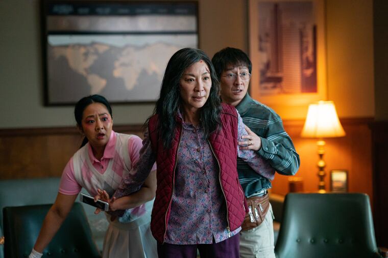 (From left) Stephanie Hsu, Michelle Yeoh, and Ke Huy Quan in "Everything Everywhere All At Once."