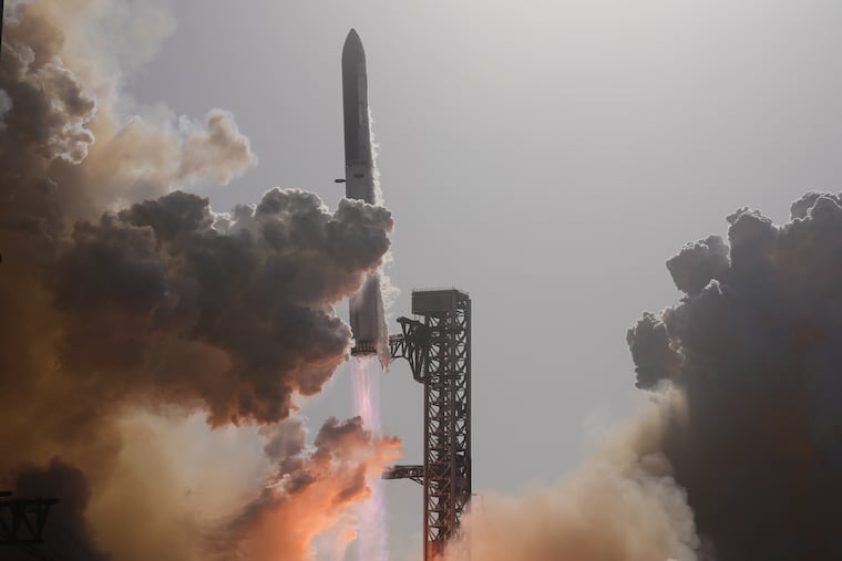 SpaceX's mega rocket Starship lifts off for a test flight from Starbase, Texas, on Friday.