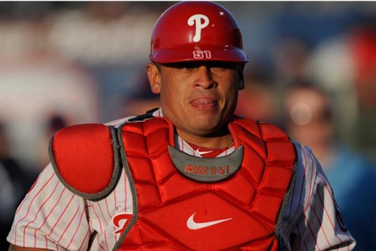 Carlos Ruiz begins his rehab assignment playing for the Reading Phillies against the New Hampshire Fisher Cats Friday, April 24, 2013 in Reading, PA. (Bradley C Bower/Staff Photographer))
