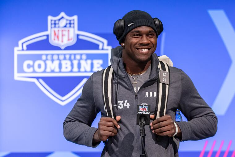 Jalyx Hunt of the Houston Christian speaks to the media during the 2024 NFL Draft Combine at Lucas Oil Stadium on Feb. 28.