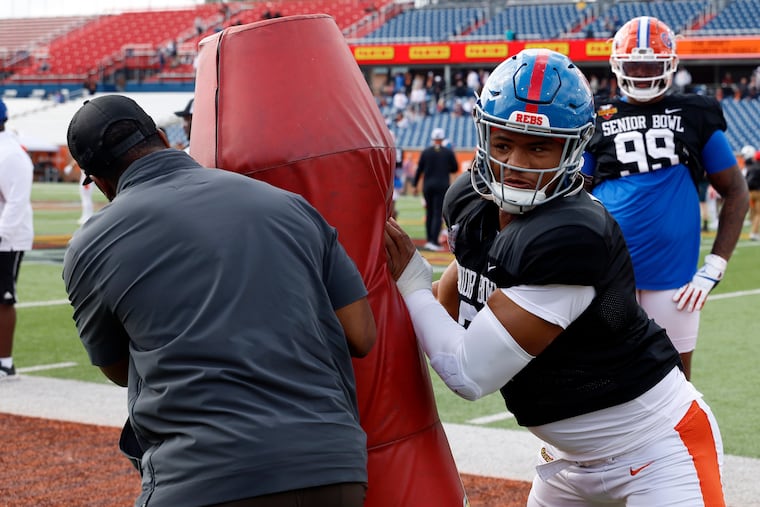 American team defensive lineman Walter Nolen of Mississippi (2) runs through drills during practice for the Senior Bowl, Thursday, Jan. 30, 2025, in Mobile, Ala. (AP Photo/Butch Dill)