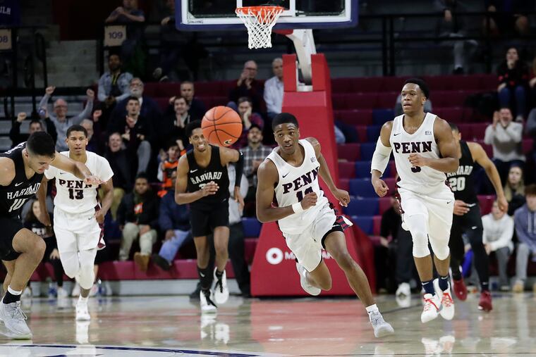 Penn's Jonah Charles (right) and Eddie Scott (second from left) will have bigger roles to play in the 2020-2021 season after the graduations of seniors including AJ Brodeur (left) and Devon Goodman (second from right).