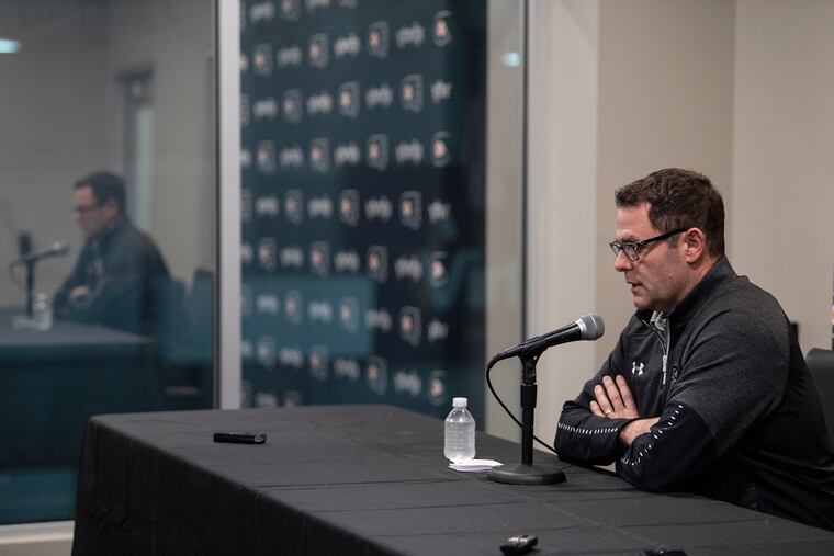 Flyers head coach Scott Gordon addresses the media at the Skate Zone Monday in Voorhees, N.J.