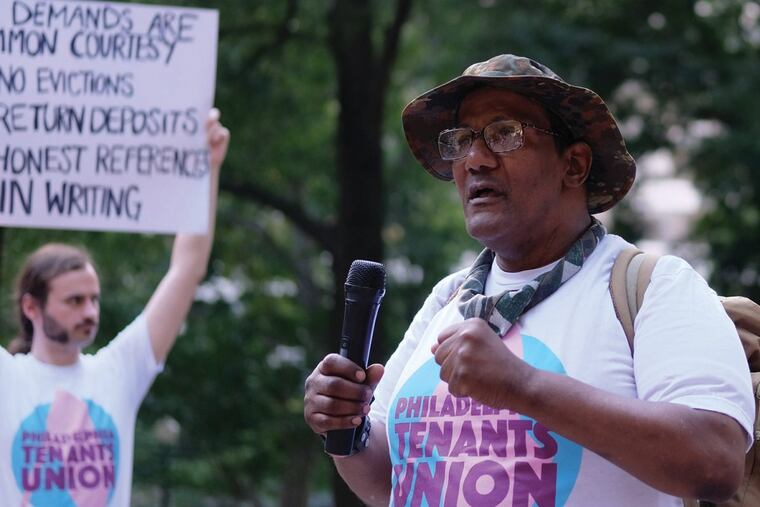 Leon Tyer, a member of the Philly Tenants Union, at a protest. The city’s eviction rate is 30 percent higher than the national average.