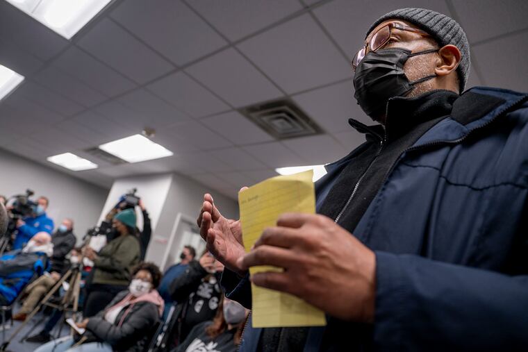 Charles Pearson-Bey speaks during the public comment portion of the Sharon Hill Borough Council on Thursday before they voted to fire three officers charged with killing Fanta Bility in August.