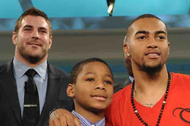 Invited, with his family, to appear on TV's "The View" (below), Nadin Khoury was surprised by words of encouragement from Eagles Todd Herremans, DeSean Jackson (above) and Jamaal Jackson.