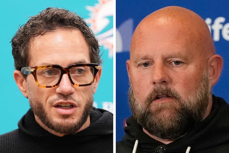Former Dolphins coach Mike McDaniel (left) and former Giants coach Brian Daboll reportedly have declined to take the Eagles' offensive coordinator job.