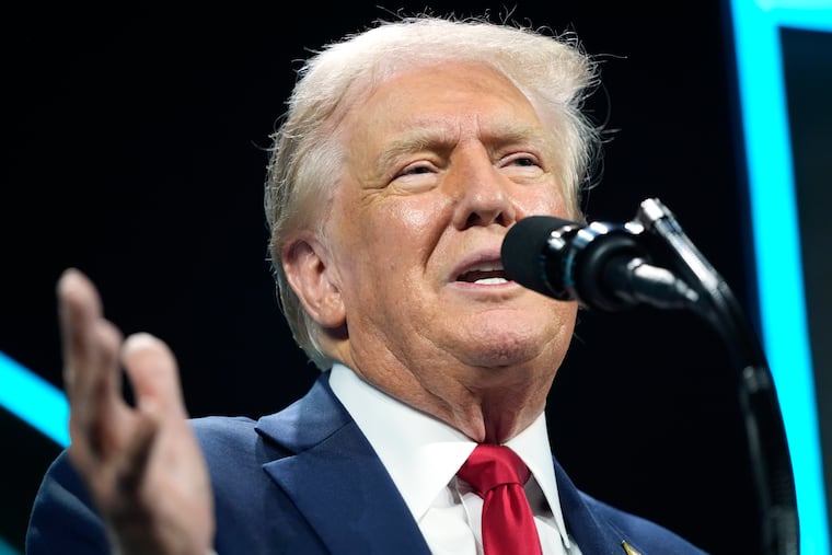 Republican presidential candidate former President Donald Trump speaks at Turning Point Action's Believers Summit on Friday in West Palm Beach, Fla.