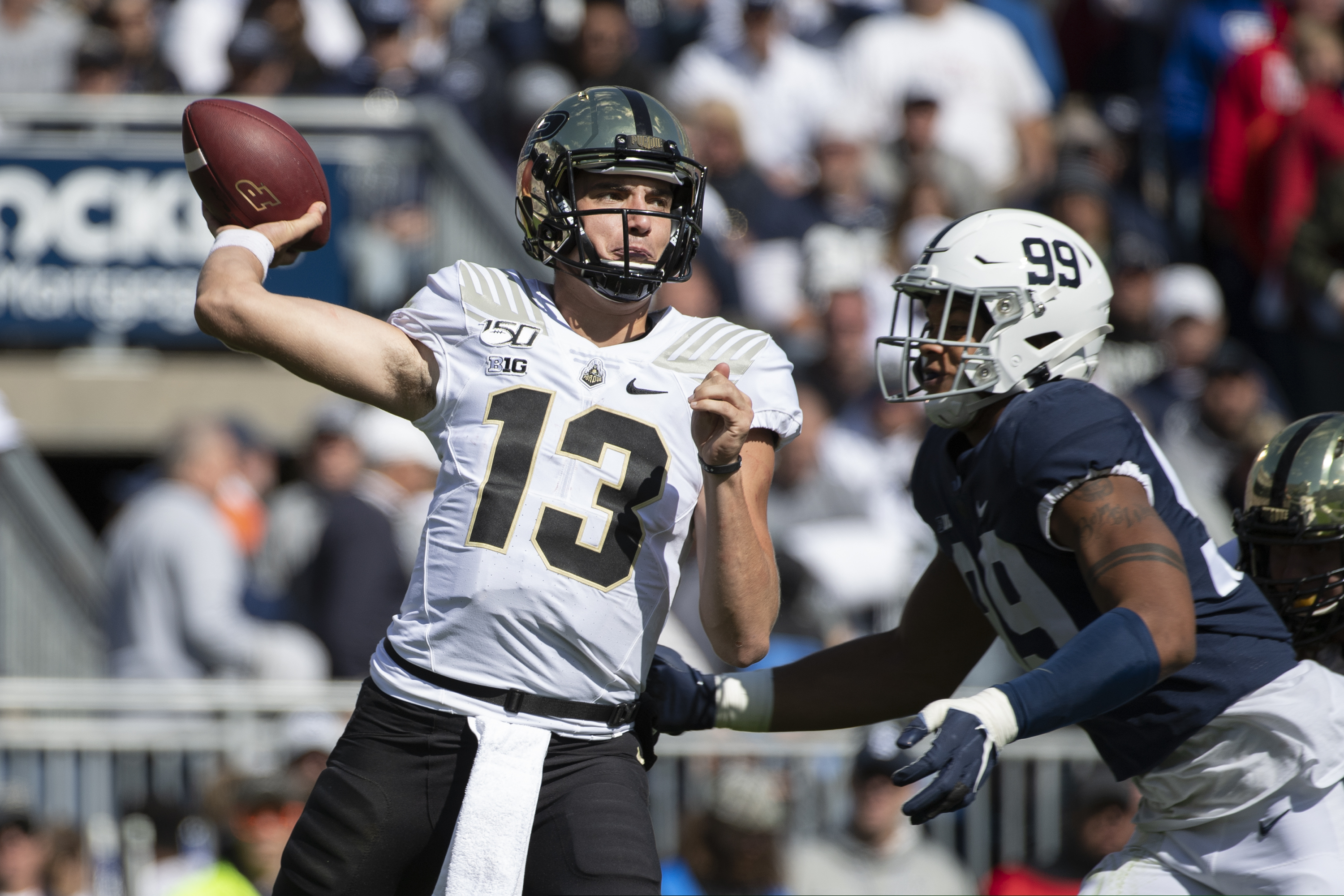Penn State defensive end Yetur Gross-Matos puts the heat on Purdue's Jack Plummer. Gross-Matos leads the Lions with 5.5 sacks.