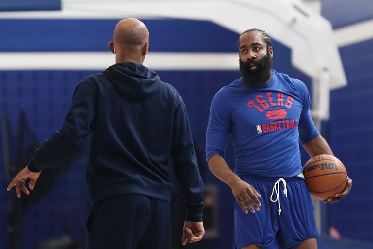 James Harden works with coach Sam Cassell before his press conference at the Philadelphia 76ers Training Complex in Camden, NJ on Tuesday, Feb. 15, 2022.