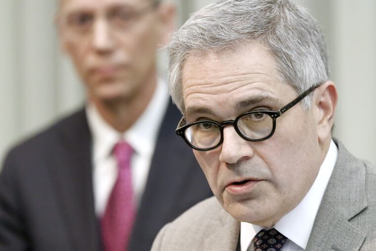 Dr. Thomas Farley, Health Commissioner of City of Phila. (left) looks on as Philadelphia District Attorney Larry Krasner announces the filing of a lawsuit, against 10 pharmaceutical companies for their role in creating the city's opiod epidemic, during a press conference at the D.A's office in Phila., Pa. on February 15, 2018.