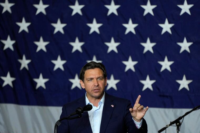 Republican presidential candidate Florida Gov. Ron DeSantis speaks during a fundraising event for Rep. Ashley Hinson, R-Iowa, earlier this month in Cedar Rapids, Iowa.